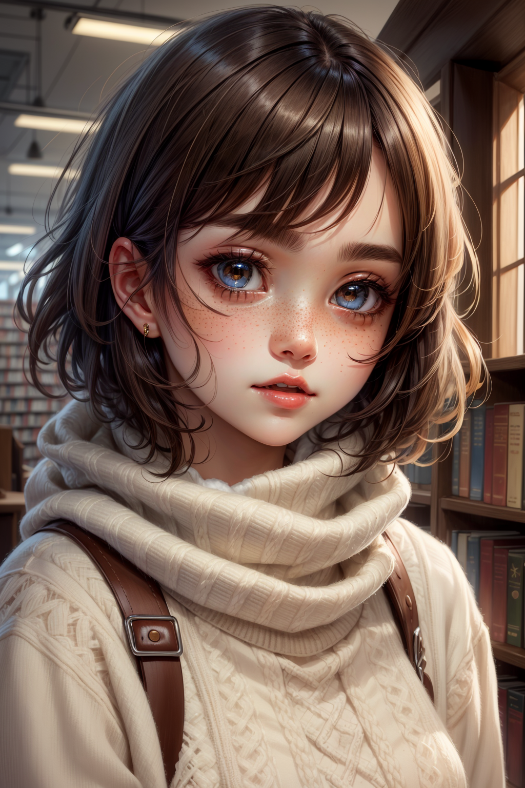 closeup, face, portrait, upper body, 
freckles, 
shy, blush, 
(short brown hair:1.1), 
(library:1.1), 
(brown eyes:1.2), 
cozy, detailed eyes, winter sweater, 
<lora:more_details:0.35>
 <lora:Cosmic anime-oil fusion v2:0.5>, shiny, shiny hair, shiny skin, shiny clothes