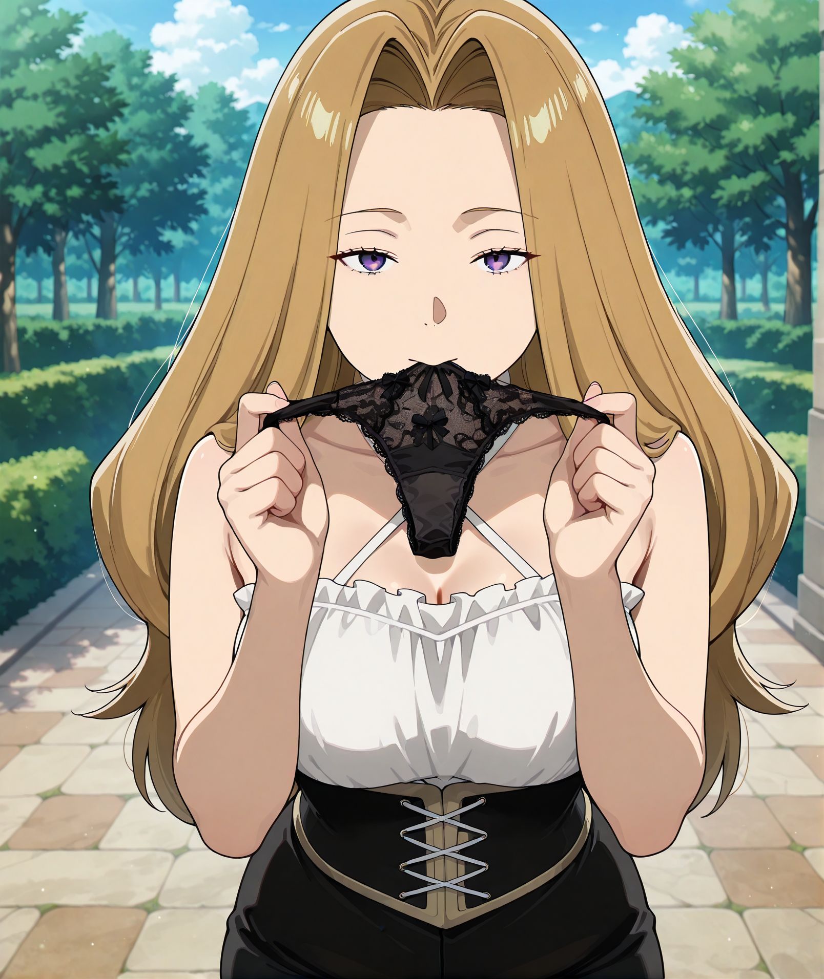 <lora:add-detail-xl:0.5>,,masterpiece, best quality, newest, absurdres, highres, detailed eyes, beautiful, detailed background, perfect eyes, anime coloring, anime screencap,
<lora:Holding_panties:0.5>Holding_pantiesV1,
1girl,underwear,breasts,panties,solo, hands up,
holding panties in mouth,looking at viewer, 
holding panties with both hands, lace panties, 
no panties, panties on mouth, 
<lora:Frieren_Methode:1>,
outdoors, methode, light brown hair, purple eyes, long hair, parted bangs, forehead, sleeveless, criss-cross halter, white shirt, corset, underbust, cross-laced corset, cross-laced clothes, black shorts, red pantyhose, 
methode \(sousou no frieren\), 
sousou no frieren, official art, 
20YO, milf,adult,