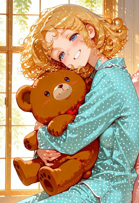 Woman, hugging, size difference, side view,
BREAK
1girl, smiling, short, (golden blonde hair), short curly hair, blue eyes, (round face), cute, ((cute face)), blush, hugging teddy bear, comfy pajamas, window, sunlight