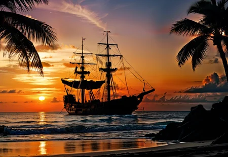coastline sunk capsized run aground pirate ship partial sunk (shipwreck:1.3) silhouette beach watching sunset simple background, <lora:Sinfulxxx Style:0.25> low light dark room night gradient palm tree silhouette waves ocean sand <lora:Add more_details:0.5>, realistic photo <lora:Pirate Realms-PiRe:0.5>
