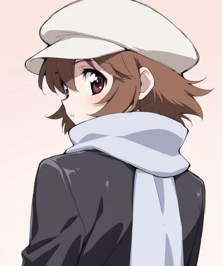 masterpiece, best quality, amazing quality, very aesthetic, ultra detail, clear line, solo, <lora:aiko_marie _harmony:0.8>, aiko, brown eyes, short hair, brown hair, black jacket, cabbie hat, scarf, upper body, from behind, looking back, simple background, <lora:LECO_BadHands:1.2>, <lora:LECO_GoodHands:-1.2>, <lora:cfg_scale_boost:0.7>