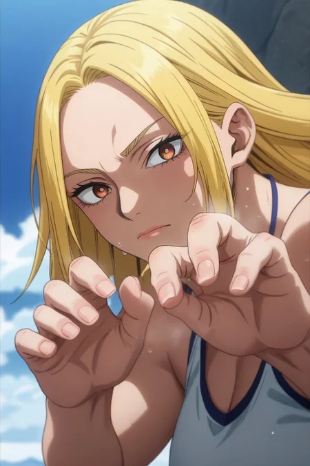 score_9, score_8_up, score_7_up, source_anime, rating_safe, intricate details, anime screencap, anime coloring, , looking at viewer, , 1girl, solo, <lora:cathleen_bate_pony:0.96>, cathleen_bate, blonde hair, brown eyes, long hair, , asymmetrical, cold, ice, light, claw pose, :o, , <lora:sdxl_lightning_8step_lora:1>