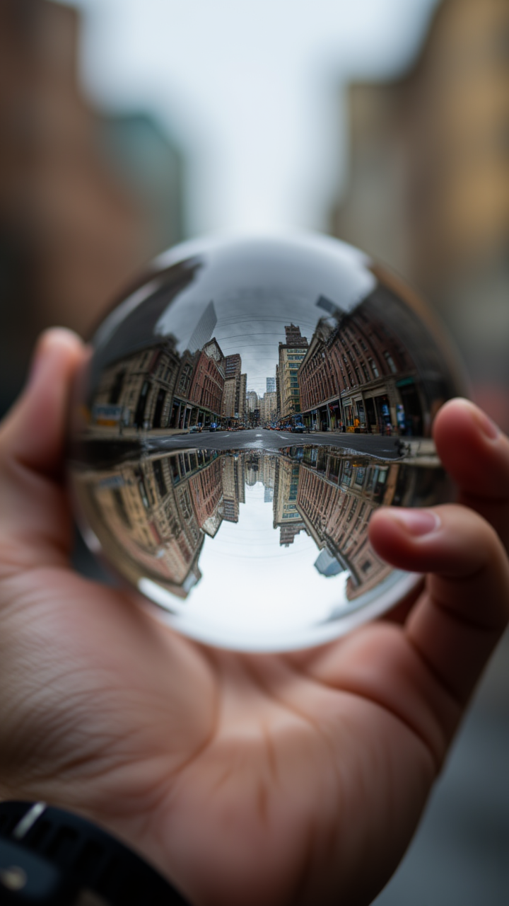 A hyper-detailed close-up of a hand holding a crystal T.A.D.P.O.L.E. with Mees entire street reflected upside The Pony Remark within the sphere.  , aidmaHyperrealism, midjourneyv6.1