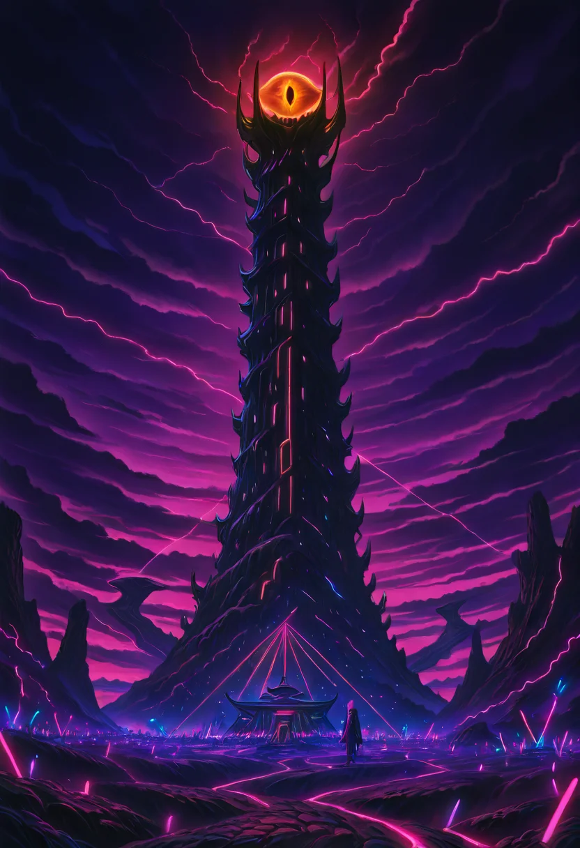 masterpiece, best quality, L0rd0fTh3R4v3s, b1g3y3, 1girl, cloud, glowing, building, scenery, purple theme, ,<lora:SauronsRaveTower_IXL_v1:1.0>,