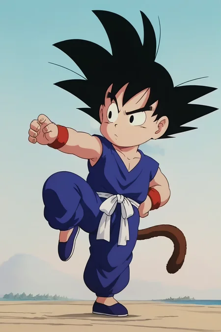 source_anime, score_9, score_8_up, score_7_up, anime screencap,8k, absurd res, son goku, solo, black hair, 1boy, standing, tail, full body, male focus, outdoors, sky, cloud, black eyes, standing on one leg, spiked hair, wristband, mountain, fighting stance, dougi, monkey tail, blue pants, male child, blue topwear, black footwear, raised eyebrow, v-shaped eyebrows, leg up, shoes, white sash, sleeveless
<lora:gokudb_pony_v3:0.8>