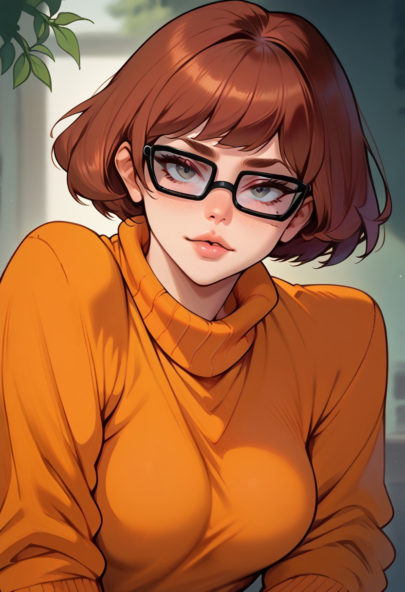 score_9, score_8_up, score_7_up, score_6_up, 1girl, solo, looking at viewer, flirty, Velma,