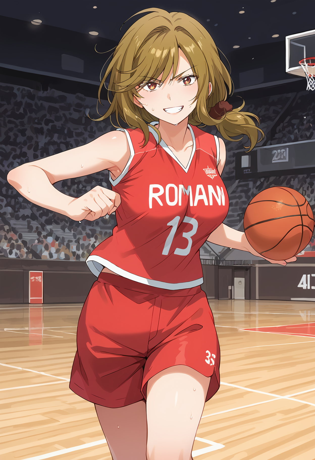 (1girl:1), <lora:seoyuzuki_ponyV2:1>seoyuzuki, red sportswear, (solo:1.5), , brown hair, shorts, brown eyes, basketball, sleeveless, looking at viewer, smile, red shorts,cowboy shot,, large breasts, . large breasts,  , scrunchie, , low side ponytail, running towards viewer, smile ,teeth, running, (holding ball:1.5),sweat, evil grin,, , score_9, score_8_up, score_7_up, score_6_up, score_ANIME,