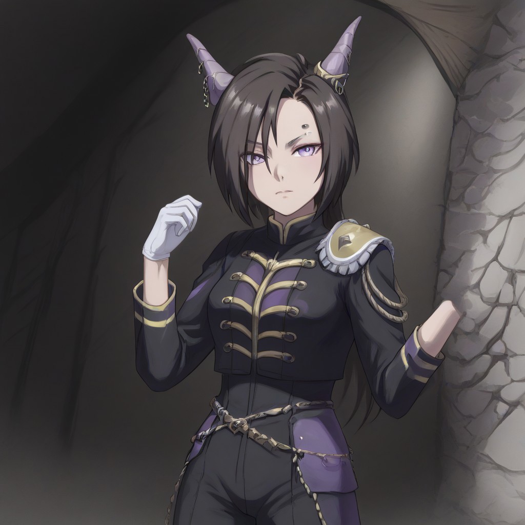 Naruto_Manda, (hybrid snake human), female, purple religious tunic, sleeves, hood, scaly skin, (scales:2), green eyes, reptile eyes, inside cave, human bones on floor, jewelry, holding human skull, airshakurprime, low wings, horse tail, sharp teeth, horse ears, ear ornament, single ear cover, horns, heterochromia, purple eyes, yellow eyes, black jacket, epaulettes, aiguillette, long sleeves, white gloves, black pants, eyebrow piercing, ear piercing