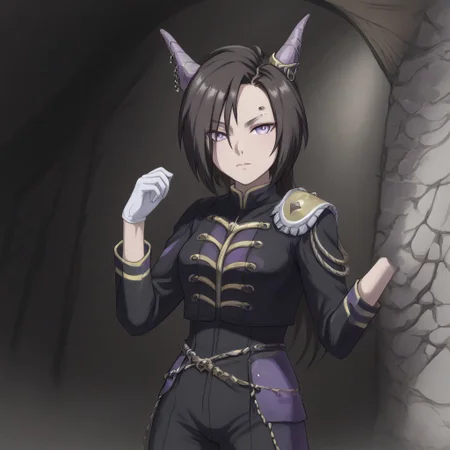 Naruto_Manda, (hybrid snake human), female, purple religious tunic, sleeves, hood, scaly skin, (scales:2), green eyes, reptile eyes, inside cave, human bones on floor, jewelry, holding human skull, airshakurprime, low wings, horse tail, sharp teeth, horse ears, ear ornament, single ear cover, horns, heterochromia, purple eyes, yellow eyes, black jacket, epaulettes, aiguillette, long sleeves, white gloves, black pants, eyebrow piercing, ear piercing