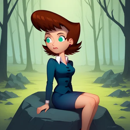 score_7_up, BREAK, LilaTest, 1girl, solo, brown hair, short hair, green eyes,  formal, blue suit, jacket, white shirt, pencil skirt,  <lora:LilaTest_PXL_Leaf1:1>,  sitting on rock, forest,