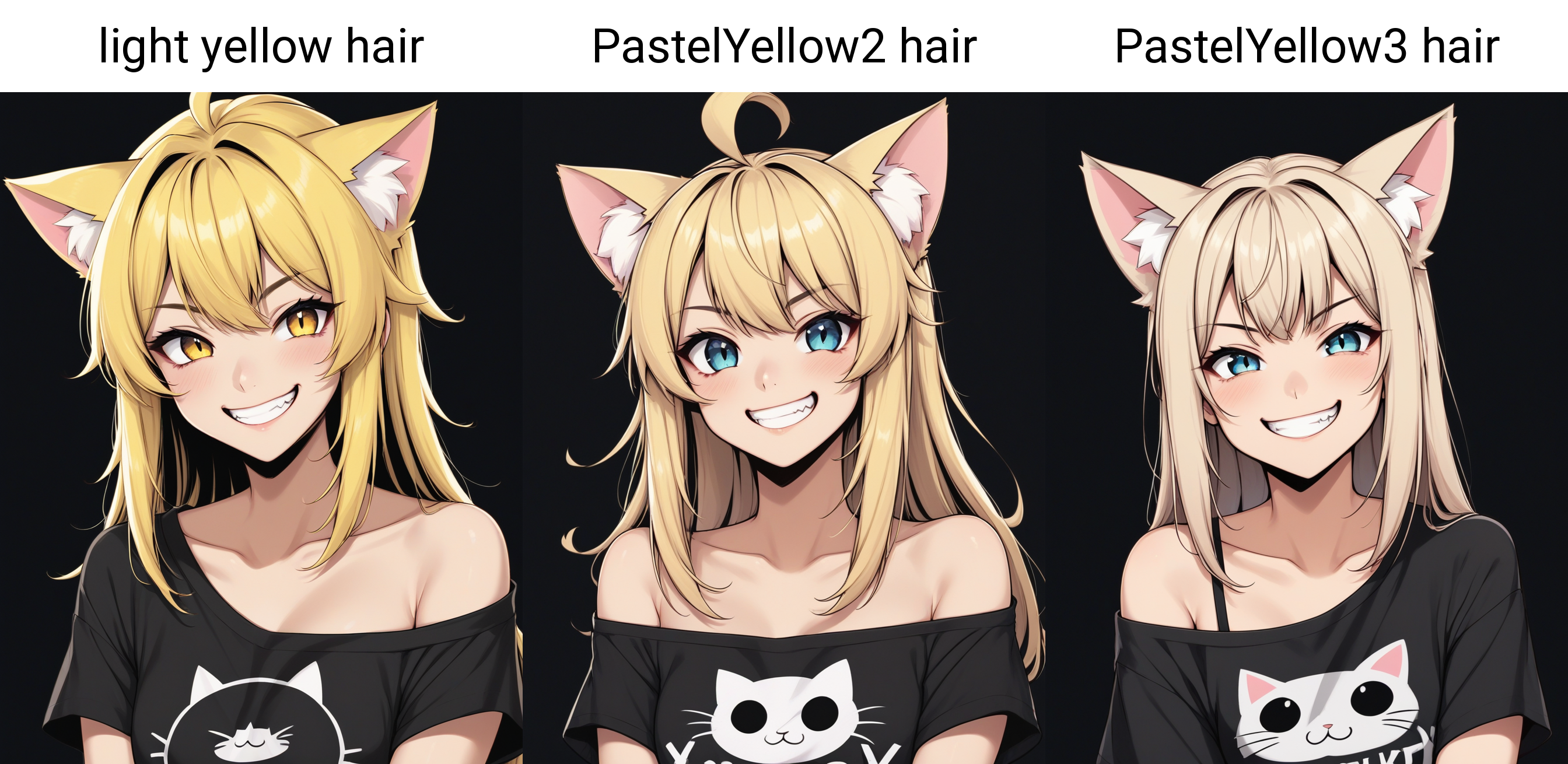 1girl, cute, cat ears, toothy grin, t-shirt, off-shoulder, light yellow hair, black background