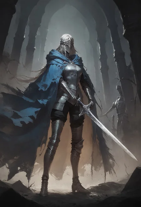 score_9, score_8_up, score_7_up, sorce_Dark_Souls  Knight Artorias, Artorias the Abysswalker, dark souls, bulky, shadows, medieval, dark theme, armor, holding a sword, blue trim, blue cape    <lora:Concept Art Ultimatum Style LoRA_Pony XL v6:0.8> <lora:sinfully_stylish_SDXL>