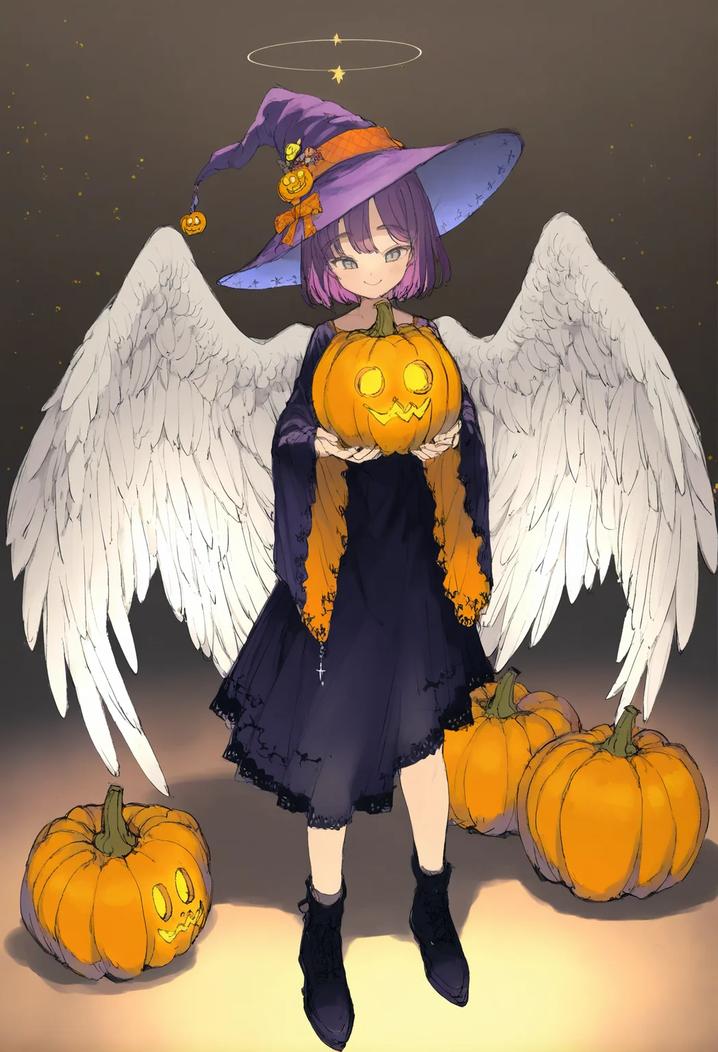 1girl, wings, hat, witch hat, halo, solo, angel wings, short hair, jack-o'-lantern, angel, halloween, holding, feathered wings, pumpkin, smile, purple hair, white wings 
,masterpiece,best quality,very aesthetic,absurdres,
<lora:åºæ°´fornoob:0.95>