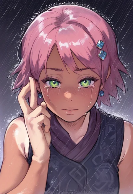 score_8_up, score_7_up, score_6_up, score_5_up, ((adult, cinematic: 1,2, dark theme), dramatic lighting, 1girl, tanlines, wavy bang, cotton vest, grass, violet field, (despair, crying, stone cold face, muryokusho, rain), light pink blue green, (masterpiece))
