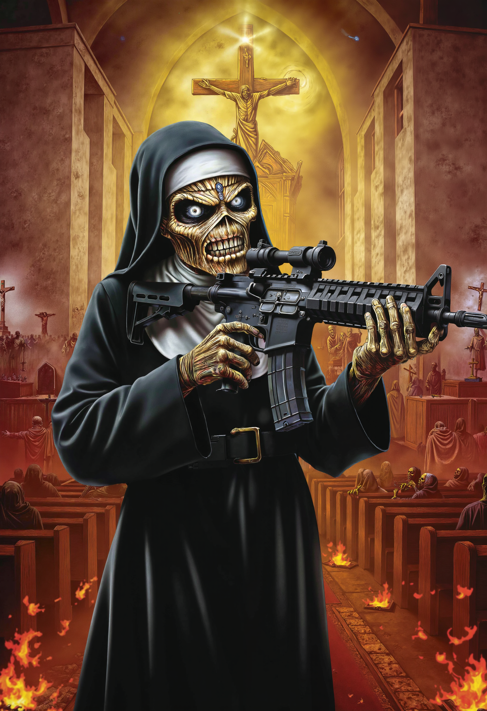 in the style of ckim, a nun is holding and aiming an AR15 assault rifle, trigger discipline, apocalyptic, zombies, cross, church in background