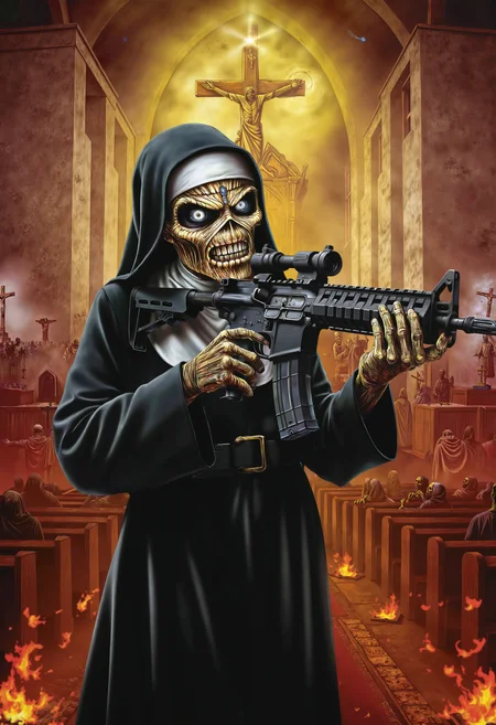 in the style of ckim, a nun is holding and aiming an AR15 assault rifle, trigger discipline, apocalyptic, zombies, cross, church in background