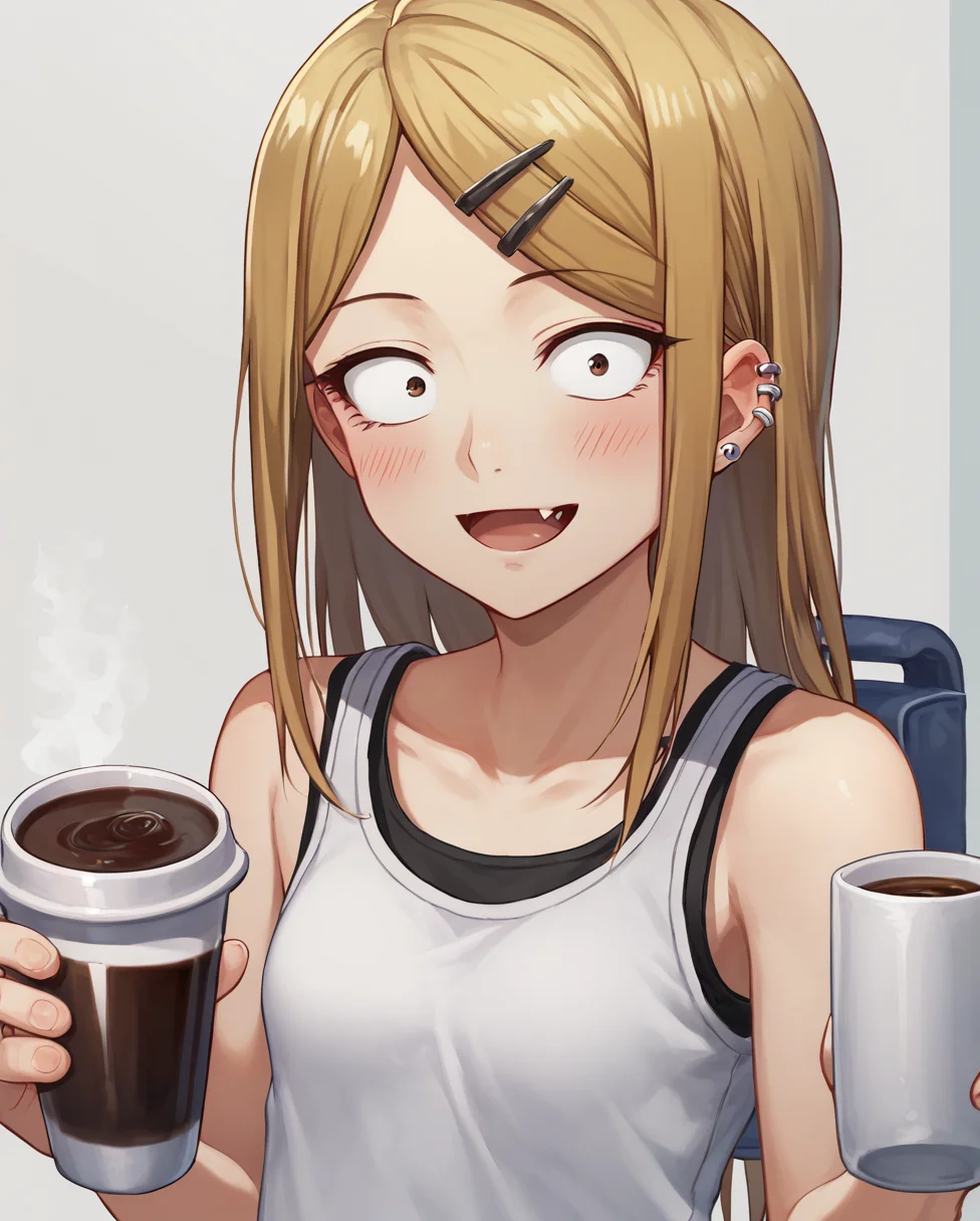 score_9, score_8_up, score_7, 1girl, solo, coffee_shop, endou_saya, sanpaku, brown eyes, blonde hair, long hair, hairclip, white shirt, tank top, pleated skirt, <lora:endou_saya:1>, hair ornament, hairclip, long hair, ear piercing, jewelry, looking at viewer, blush, small breasts, open mouth, fang, collarbone, constricted pupils, bare shoulders, smile, standing, holding a cup
