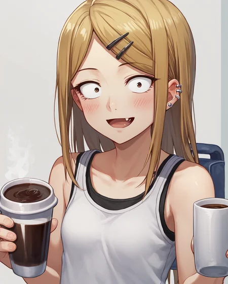 score_9, score_8_up, score_7, 1girl, solo, coffee_shop, endou_saya, sanpaku, brown eyes, blonde hair, long hair, hairclip, white shirt, tank top, pleated skirt, <lora:endou_saya:1>, hair ornament, hairclip, long hair, ear piercing, jewelry, looking at viewer, blush, small breasts, open mouth, fang, collarbone, constricted pupils, bare shoulders, smile, standing, holding a cup