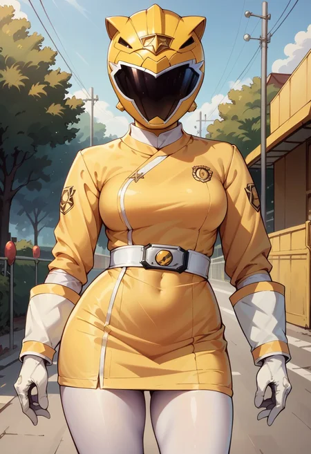 score_9, score_8_up, score_7_up, score_6_up, 1girl, yellow eagle themed ssentai helmet, black visor, yellow ssentai bodysuit, medium breasts, white gloves, posing, white ssentai belt, yellow ssentai skirt, ssentai thighhighs, white leggings, portrait, in parking lot, Style-DoF, hands