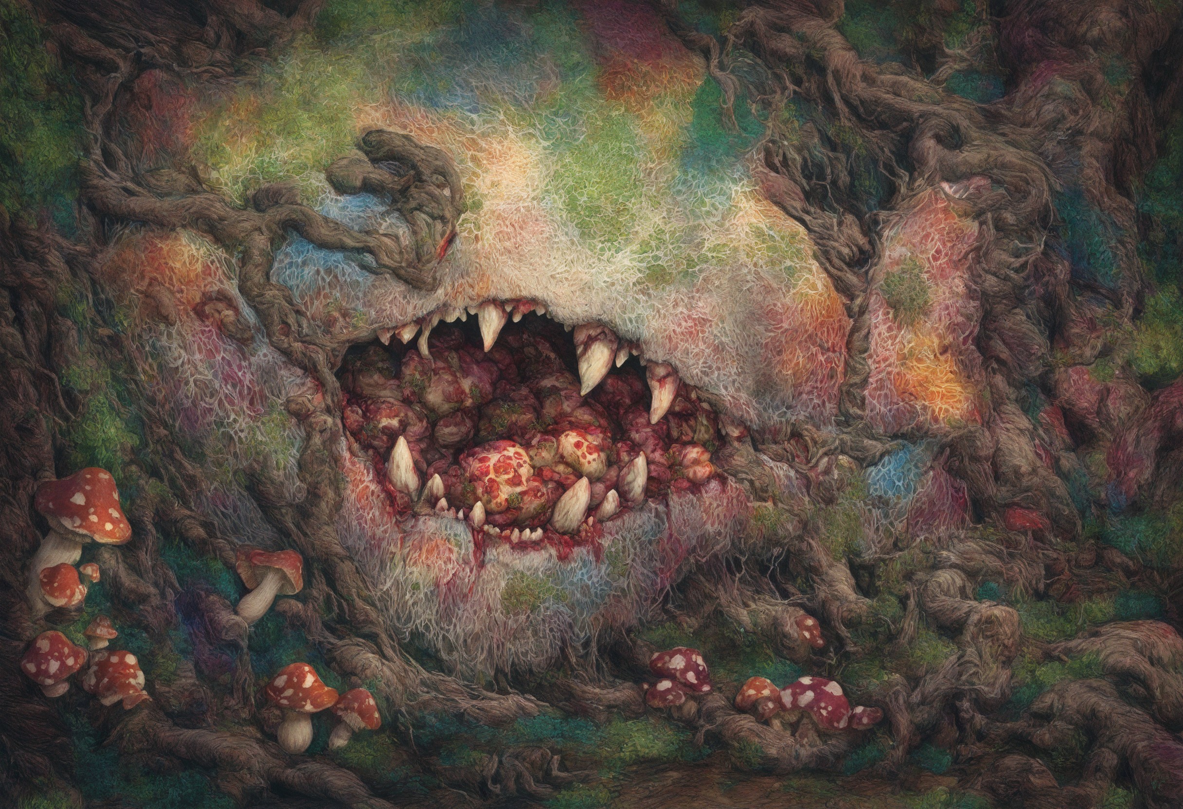 masterpiece, best quality, nature, decay, colorful, vines, roots, blood, organs, teeth, mushroom, fine detail <lora:CarolineHarrison_V1_NoobAI:1.0>