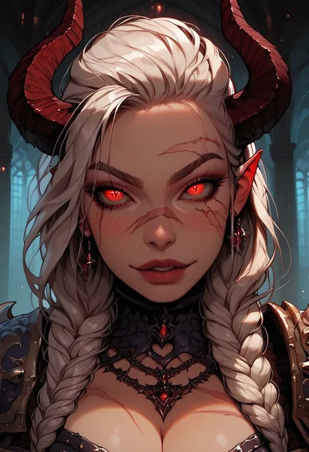 Score_9, Score8_up, Score_7_up, (((High Resolution, Best Quality))), 
1girl, succubus, horns, solo, beautiful face, lean muscle, muscle mass, warpaint, detailed eyes, red eyes, braided ponytail, tight armor, demonic armor, dark armor, jagged armor, chainmail, large breasts, demon guard, many scars, scar over eye, fur lined, wide hips, tattoo, jewelry, beautiful lights, inside, demonic throne, obsidian, obsidian walls, holding a whip, demonic whip, armor cut outs, 
foreshortening, extreme foreshortening, 
Close up, from above,