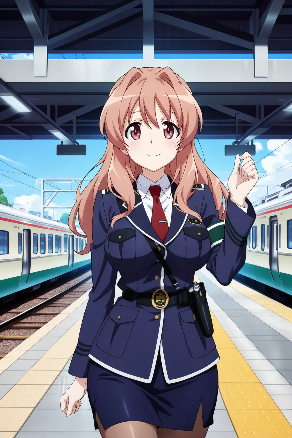 anime screenshot, anime coloring, koumi haruka, 1girl, solo, brown hair, long hair, hair intakes, brown eyes, large breasts, police uniform, blue jacket, white shirt, collared shirt, long sleeves, red necktie, black belt, shoulder belt, green armband, blue skirt, pencil skirt, brown pantyhose, holster, looking at viewer, smile, hand up, cowboy shot, train station, day, blue sky, masterpiece, best quality, high quality, highres, absurdres, <lora:koumi_haruka_ILXL_v2:0.9>