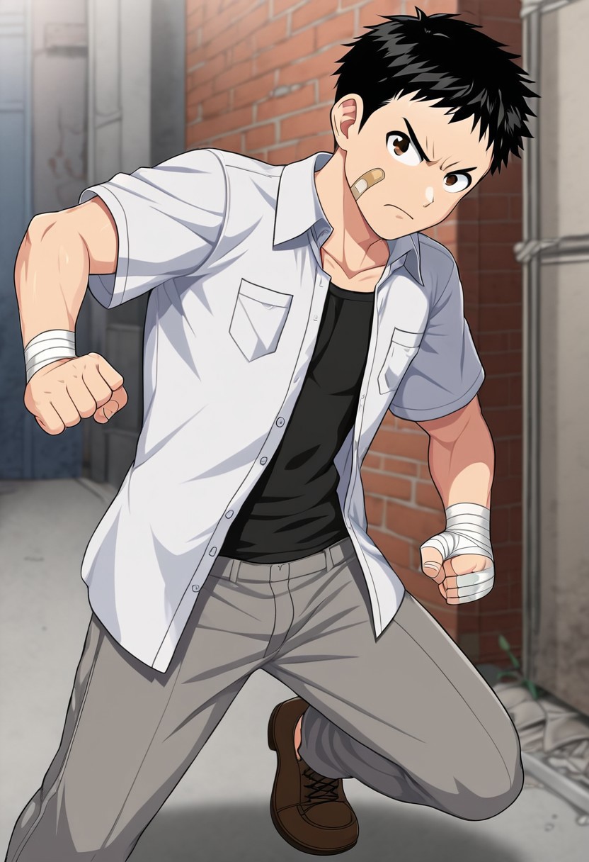 harmard, black hair, short hair, brown eyes, 1boy, solo, solo focus, wear white shirt, unbuttoned shirt, chest pocket, black t-shirt, grey pants, plaster on cheek, bandage on hands, at gang alley, outdoor, fight pose, furious expression
