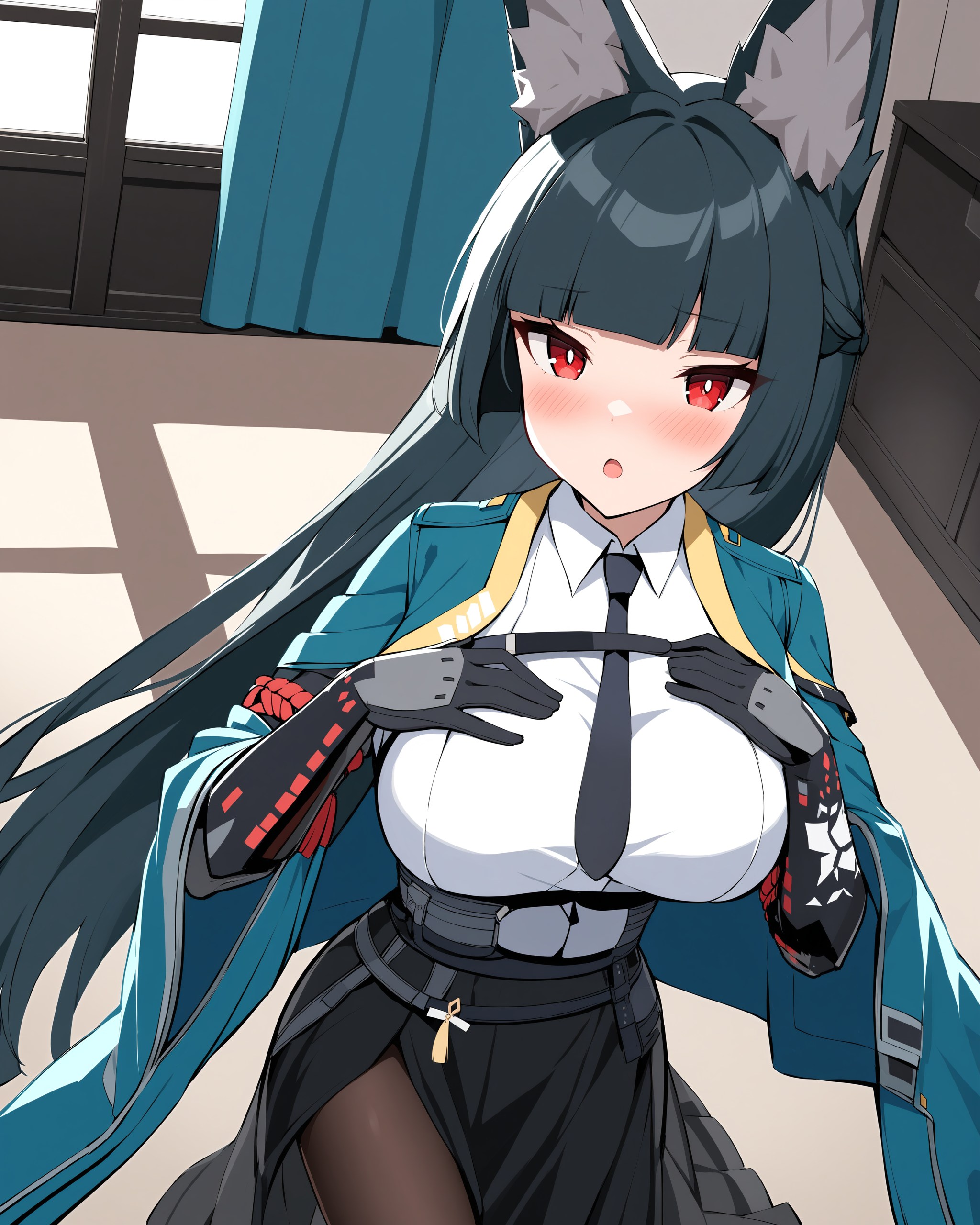 <lora:Miyabi Hoshimi:1> Miyabi Hoshimi, red eyes, black hair, long hair, animal ears, jacket, skirt, pantyhose, gloves, blush, open mouth, looking at viewer, large breast, upper body, hands on own chest, room, solo, from above,