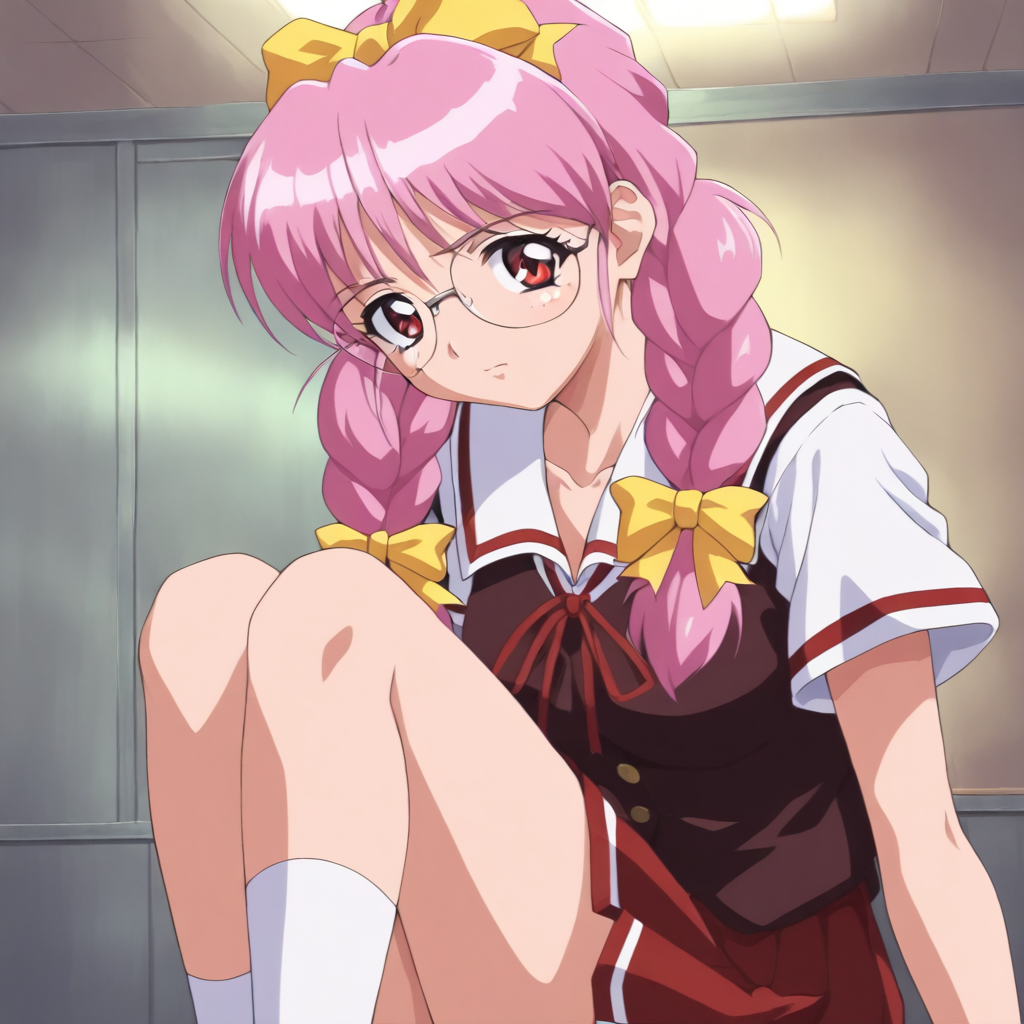 masterpiece,1girl,solo,looking at viewer,cowboy_shot,upper_body,<lora:Rika_Respect ag4o v1:1> rika_respect, glasses, pink hair, twin braids, hair bow, red eyes,school uniform,red skirt,white socks,