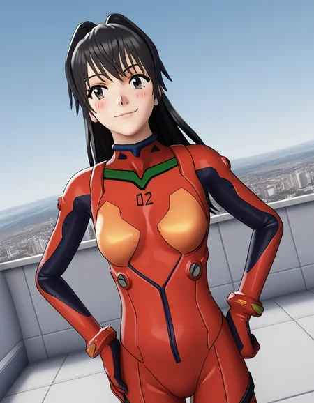 score_9, score_8_up, score_7_up, source_anime, <lora:ayano-aishi-ingame-ponyxl-lora-nochekaiser:1>, ayano aishi, long hair, black hair, black eyes, ponytail, medium breasts, 3d,, <lora:souryuu-asuka-langley-cosplay-ponyxl-lora-nochekaiser:1>, souryuuasukalangleycosplay, souryuu asuka langley (cosplay), bodysuit, pilot suit, plugsuit, red bodysuit, interface headset,, cityscape, smile, blush, hands on hips,, , cowboy shot, dutch angle