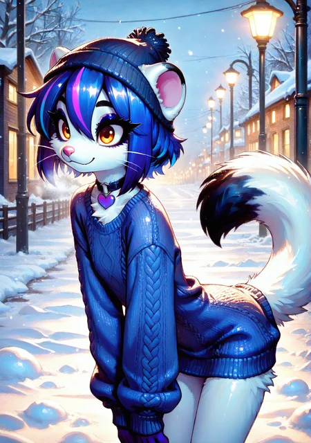 FMIXFT, radiant details, smari4, 1girl, solo, furry female, pink nose, whiskers, shiny hair, white fur, amber eyes, eyeshadow, eyeliner, thick eyebrows, (short hair, sidelocks, hair between eyes, blue hair, violet hair, streaked hair, cyan streaks, violet streaks, highlights), white body fur, body fur, small round ears, black ear tips, (weasel tail, white tail, black tail tip), heart choker, paws, small claws, purple claws, skinny, narrow waist,>:3, tsurime, wide eyed, knit sweater dress, outdoors, snow, street lights, beanie, v arms, leaning forward, from the side,
masterpiece,best quality,amazing quality