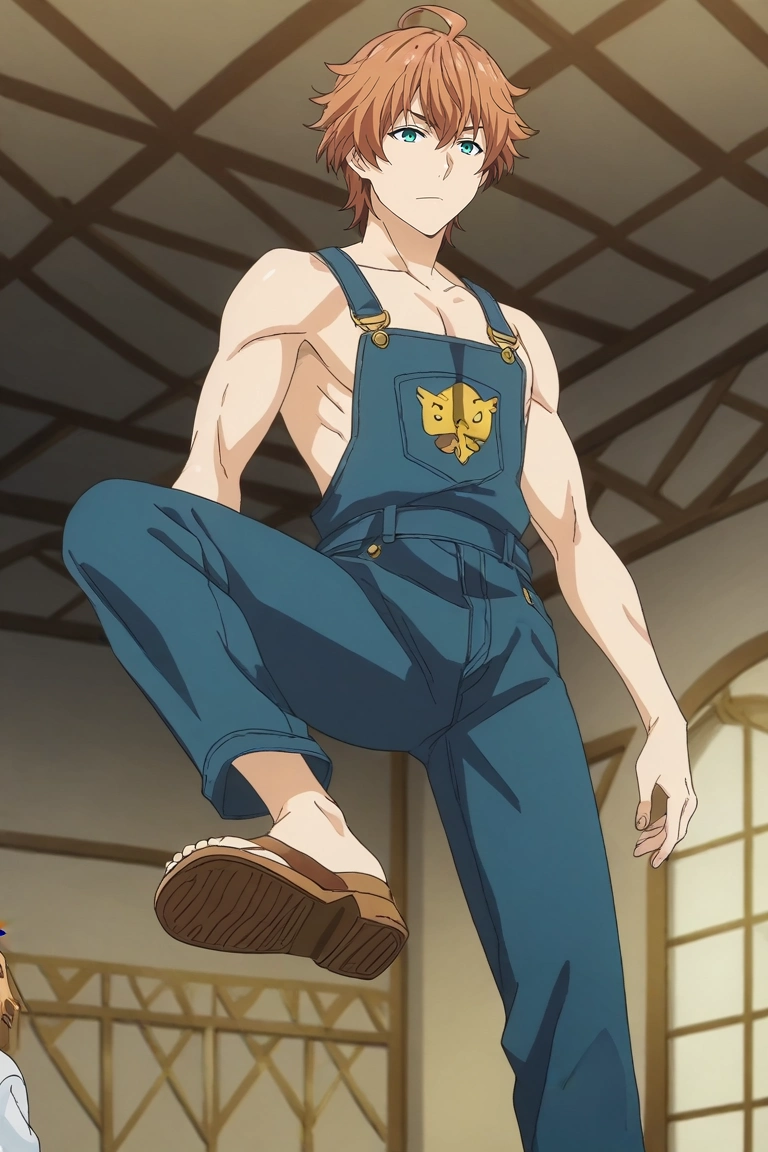 score_9, score_8_up, score_7_up, source_anime, rating_safe, intricate details, anime screencap, , , , , 1boy, solo, male focus, <lora:satoshi_isshiki_pony:1>, satoshi_isshiki, brown hair, green eyes, ahoge, hair between eyes, from below, atlantis, indoors, dark, standing on one leg, :\3, overalls,, <lora:sdxl_lightning_8step_lora:1>