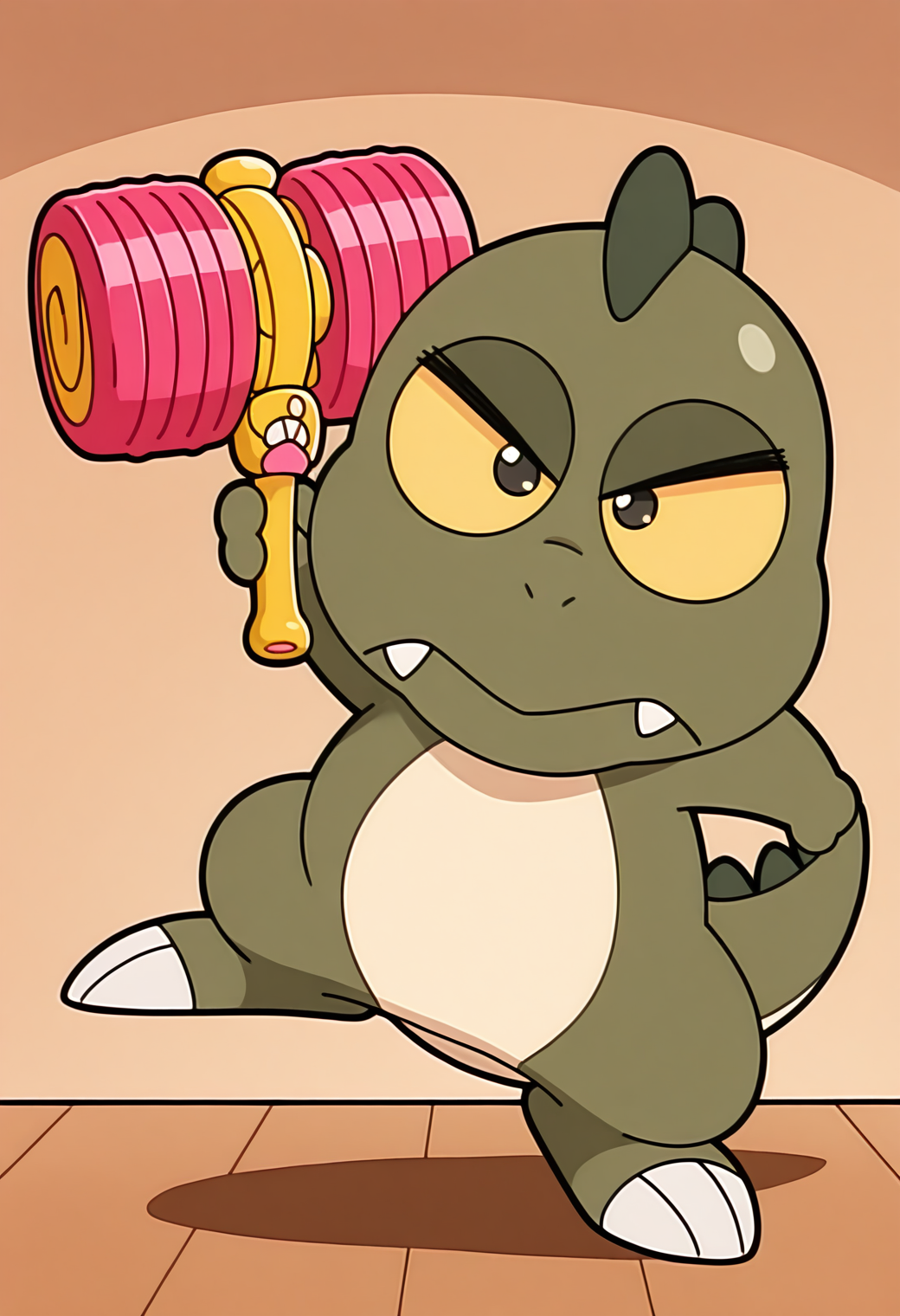masterpiece, best quality, very aesthetic, absurdres, no humans, solo, official style, chibi,
<lora:mukamuka_v01:1.0>, mukamuka, dinosaur, black eyes, yellow sclera, fangs, fangs out, holding hammer, tail, posing