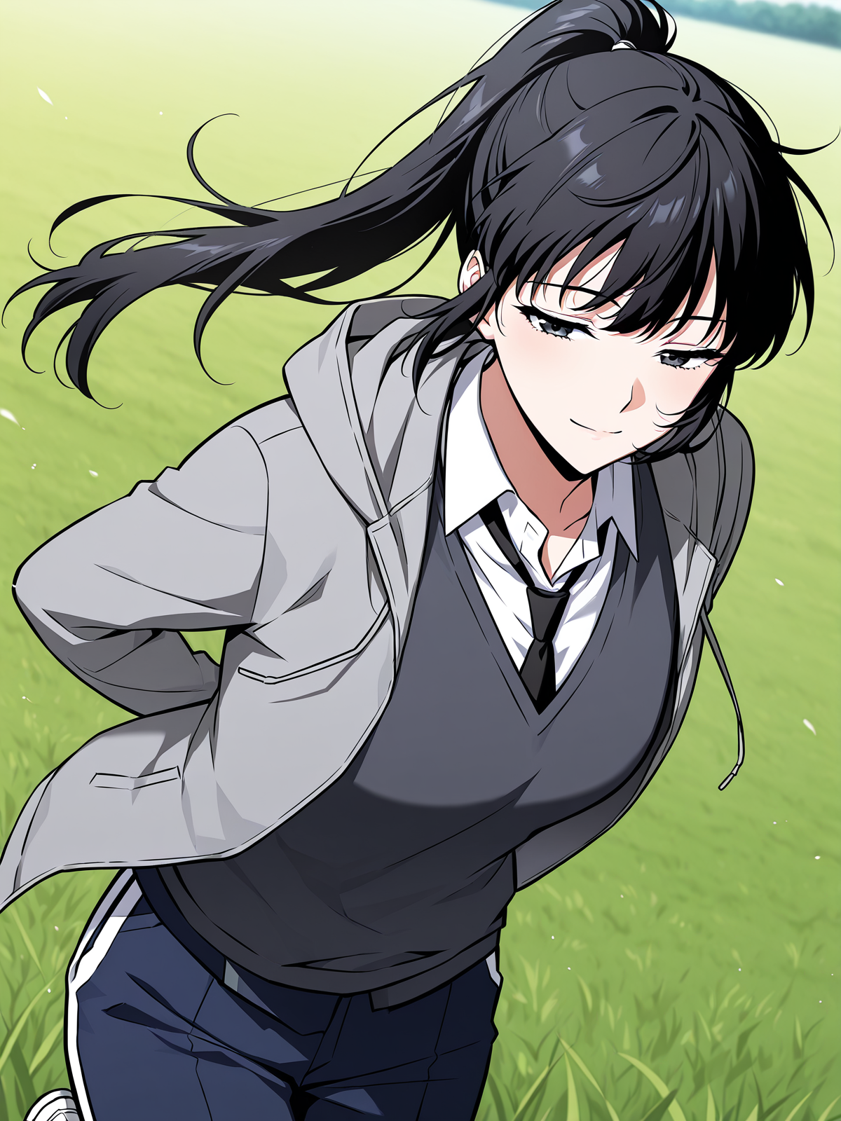 <lora:Omniscient_Readers_Viewpoint__Lee_Jihye:1>
1girl, solo, long hair, black hair, tied hair, high ponytail, black eyes, messy bangs, 
gray hoodie, school uniform, white shirt, black tie, dark gray sweater vest, navy blue track pants, white stripe pants, white sneakers, casual and uniform mix, layered clothing,
score_9, score_8_up, score_7_up, very aesthetic, source_anime, detailed, high quality, beautiful, masterpiece, detailed eyes, field, blurry background, pose dynamic angle, upper body, cowboy shot, light smile, floating hair, half-closed eyes, hands behind back, leaning forward, looking forward, looking at viewer