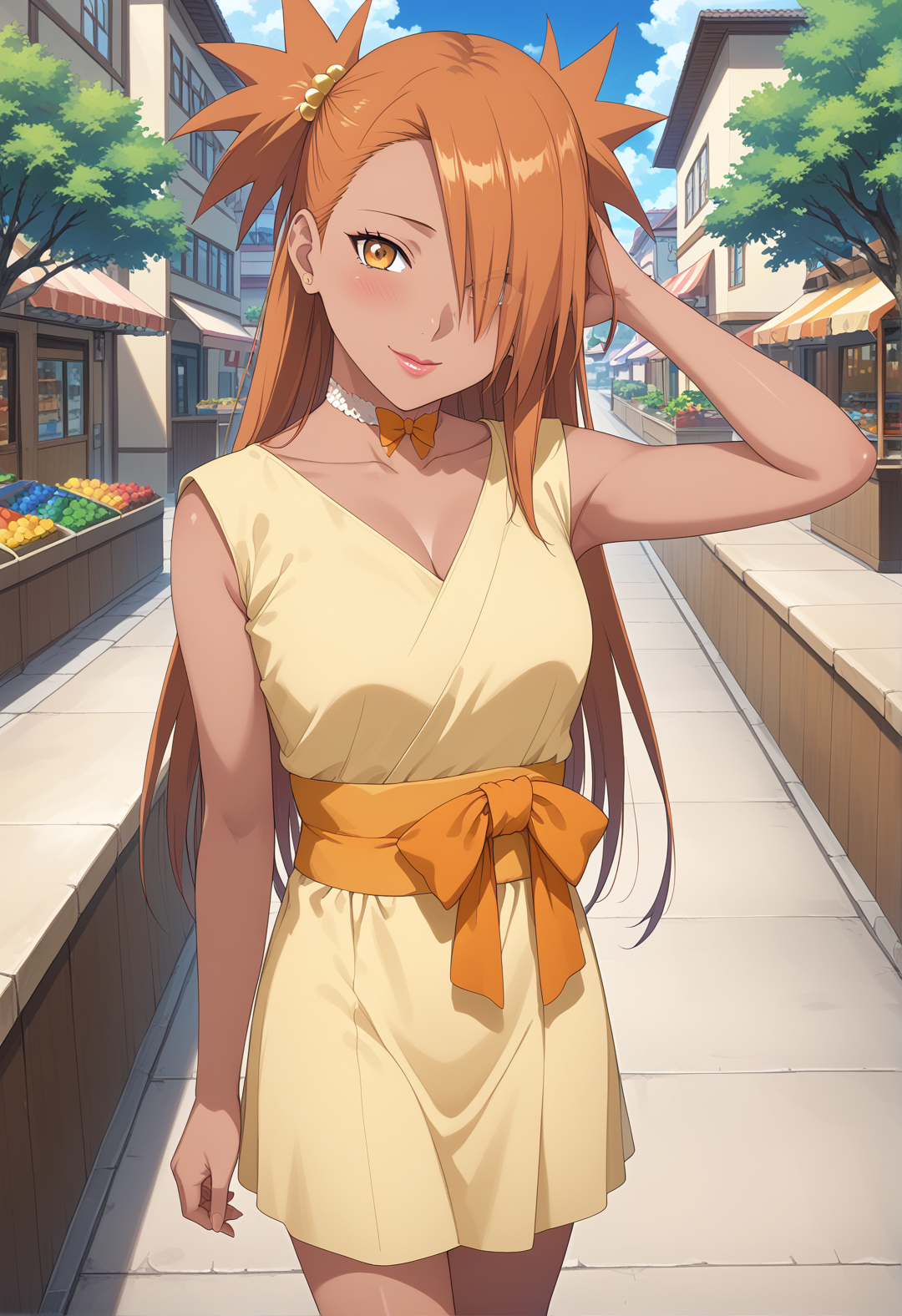 score 9, score 8 up, score 7 up, high res image, masterpiece, best quality, source anime, intricate details, anime screencap, official style, solo, 1girl, chocho akimichi, chodress, shy smile, blush, embarrassed expression, beautiful face, (dark skin, dark skinned woman), orange hair, lip gloss, Mascara, two spiky ponytails, long hair, head tilt,  hair over left eye, petite, butterfly choker, yellow dress, orange obi, orange bow, athletic build, stores, sidewalk, oak tree, town, day, arm on hip, hand in own hair, walking, upper body, cowboy shot, from above, <lora:Akimichi_Chocho_pony_rc4:1>,