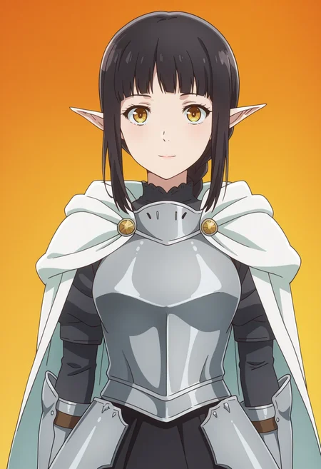 masterpiece, best quality, amazing quality, anime coloring, anime screencap, 1girl,  <lora:DX888KuroIL:1> kuro, pointy ears, yellow eyes, black hair,  platinum blonde hair, short hair with long locks, drill hair,  braided ponytail,     Paladin, armored, golden, white cape,   holy armor, breastplate,, light smile,   BREAK (simple background:1.2),  orange  background pastel background,    w, cowboy shot,
