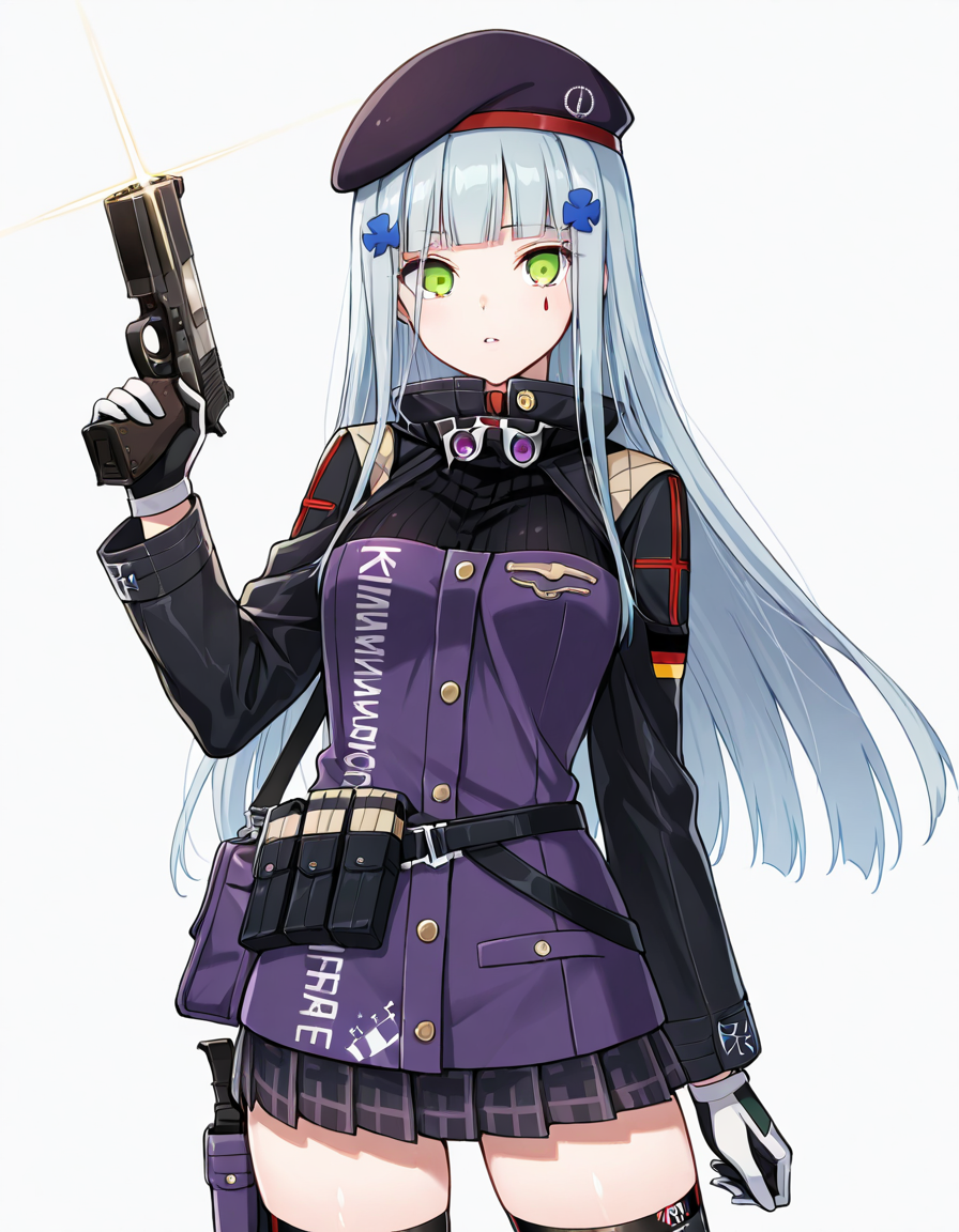 Volumetric Lighting, (masterpiece), (best quality), (ultra-detailed), masterpiece, source_anime, score_9, score_8_up, score_7_up BREAK, illustration, disheveled hair, detailed eyes, perfect composition, moist skin, intricate details, detailed eyes, detailed face, detailed fingers BREAK, HK416, green eyes, long hair, grey hair, blue hair,blunt bangs, teardrop facial mark BREAK, HK416def, def_jacket, 416_hair_ornament, def_knife, handgun, def_holster, magazine (weapon), def_goggles, eyewear around neck,def_thighhighs, def_beret, def_skirt, def_two-tone_gloves, teardrop facial mark BREAK, ((white background)), looking at viewer, standing, holding handgun, upper body, thighs,hand up