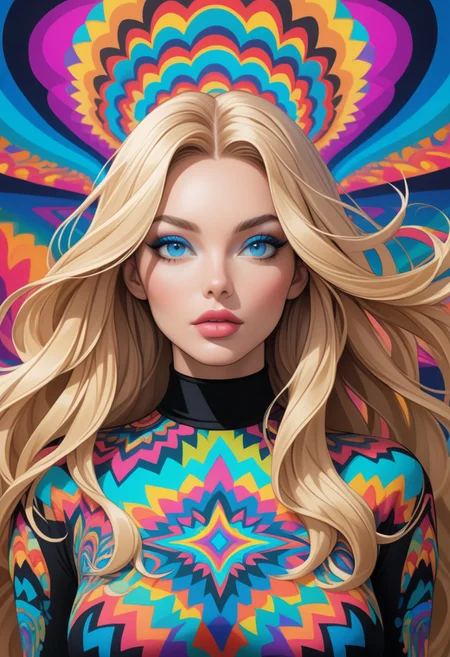 ((view from the waist up)) 1woman, solo, long hair, blonde hair, black choker, blue eyes, one eye covered by hair, eyeliner, gorgeous lips, tights, medium breasts. ((psychedelic))