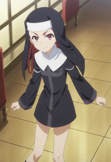 score_9, score_8_up, score_7_up, score_6_up, score_5_up, score_4_up , anime coloring ,BREAK source_anime, anime,screencap,
1girl, solo, agness, black dress, habit, platform footwear, <lora:PonyXL Agnese Sanctis V1:1>
indoors,
smile, looking at viewer,