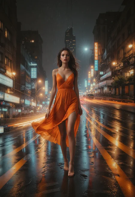 masterpiece, best quality, (full body:1.2),skinny, beautiful girl, 20 y.o,she feels raindrops on her face,long dark brown hair, wind,(full lips:1.1), feels the rain, (barefoot:1.5), thin waist,focus on the girl,wet orange (long:1.1) georgeous dress, she run in the middle of the highway,barefoot, against the backdrop of the night Milan, skyscrapers, cars rush, a long trail of light from car headlights (ral-exposure:1.2), (long exposure:1.2), dynamic streaks, luminous trails, vibrant colors, fluid movement, captivating patterns, creative experimentation, (perfect composition:1.3), professional photography,Dynamic,Cinematic,Sharp details, Insane quality. cinematic scene, cinematic lighting, <lora:ral-rndrps-sdxl:0.5> ral-rndrps, <lora:d\EnvyZoomSliderXL01:-1.15> <lora:ral-exposure-sdxl:0.95>