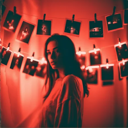 velumiaclose up girl standing in front of her with photos hanging on a string, cinematic, professional photo, very detailed red light <lora:velumia:1>