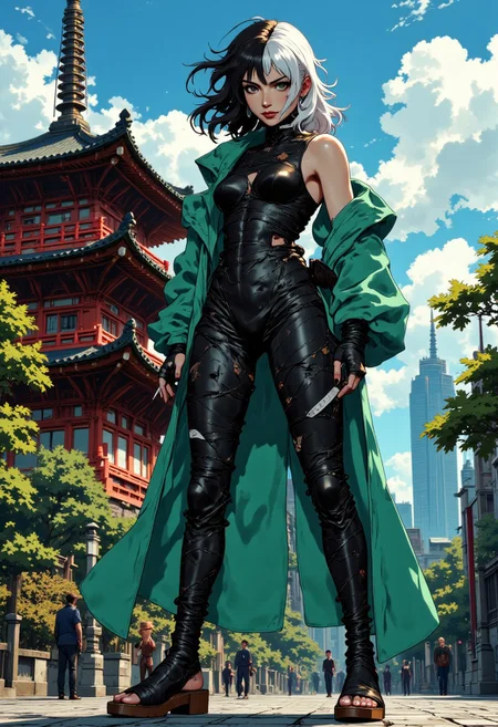 A striking full-body portrait of a woman wearing extraordinary attire made entirely of wide black bandage-like wrappings reminiscent of those used to bind legendary swords, and also white bandage. These bandages, uniform in width, wrap chaotically around her form – some diagonally, others horizontally, creating an asymmetric pattern. The wrappings start at her wrists, spiraling up her arms, across her torso, and end just above her knees, forming a form-fitting silhouette that accentuates her figure. she also wears a sleeveless jade green coat outside that extends to her knees, flowing dramatically yet leaving her bandage-wrapped arms fully exposed. Her feet are adorned with traditional wooden geta sandals – one completely black, the other purely white – elevating her stance.
Her face is a masterpiece of theatrical makeup – painted in diagonal split pattern. One half gleaming white, encompassing her entire left eye, half her nose, and part of her lips, while the remaining portion is painted pitch black.
Her hair consist of jet black on the left side and pure white on the right, cut with precision to maintain the perfect division. She stands with one hand confidently on her hip, her posture exuding power. Her expression combines an arrogant smirk with a condescending gaze, challenging the viewer.
Behind her stands a traditional Japanese pagoda enhancing the cultural fusion of her avant-garde appearance with traditional elements.