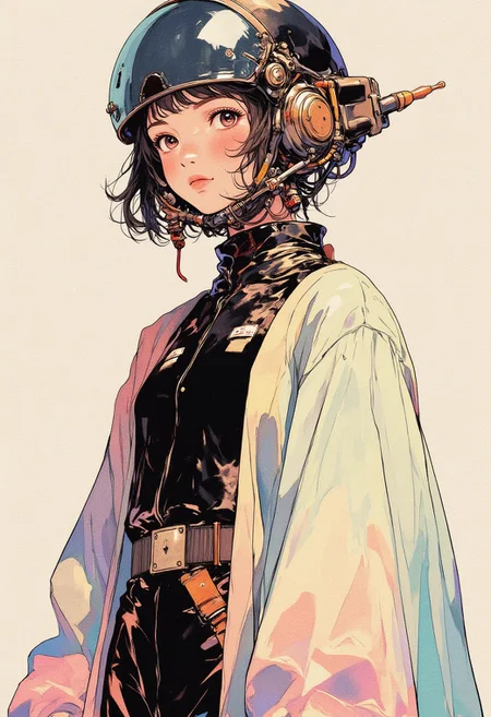 anime illustration in retrofuturistic style with cyberpunk elements. A young girl with short black hair and fair skin, dressed in a black tight-fitting suit with a light pastel-colored translucent robe. On her head is a massive helmet with metal details and antennae. The background is minimalistic, neutral, with light gradients. Clear contours, thin lines and attention to detail