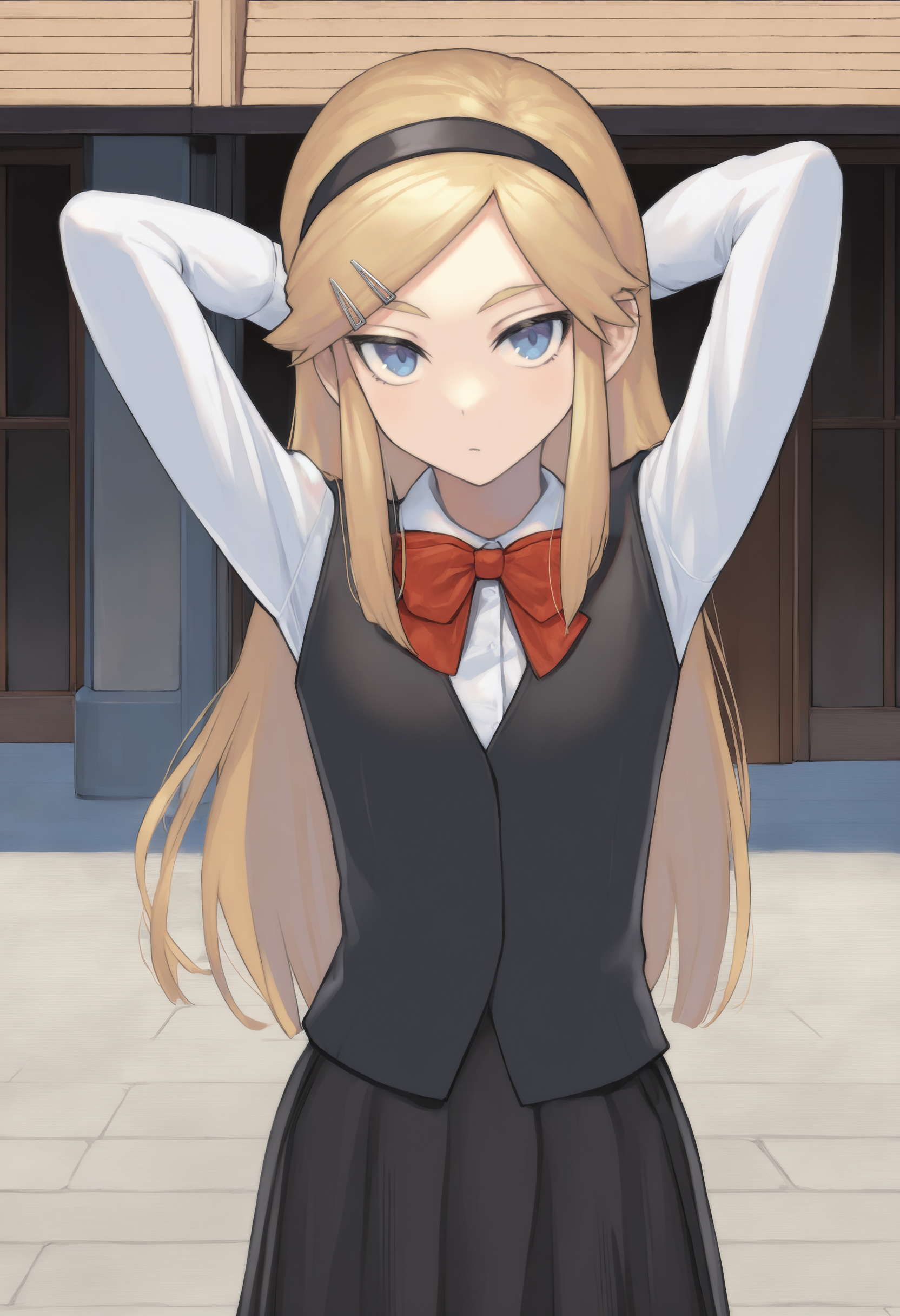 masterpiece, best quality, 1girl,  Kojikira, blonde hair, long hair, blue eyes, hairband, hairclip, red bowtie, black vest, white shirt, black skirt, long sleeves, long skirt, outdoors, arms behind head, looking at viewer,   <lora:Akira IXL 2  -000012:1>