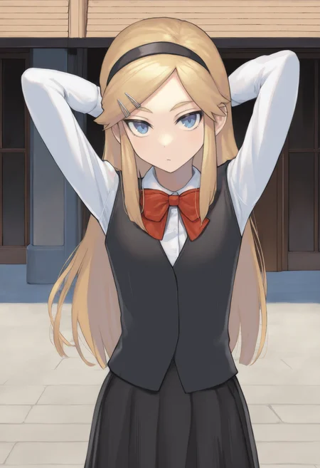 masterpiece, best quality, 1girl,  Kojikira, blonde hair, long hair, blue eyes, hairband, hairclip, red bowtie, black vest, white shirt, black skirt, long sleeves, long skirt, outdoors, arms behind head, looking at viewer,   <lora:Akira IXL 2  -000012:1>