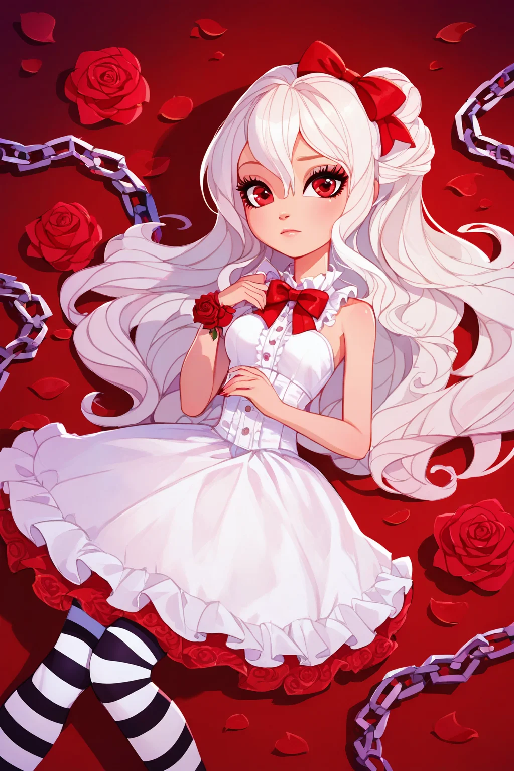 score_9, score_8_up, score_8, <lora:everafterhigh:0.8>, everafterhigh, 1girl, solo, striped pantyhose, red eyes, flower, rose, striped clothes, dress, pantyhose, long hair, red flower, looking at viewer, white dress, white hair, chain, red rose, bow, red bow, lying, on back, petals, ribbon, bare shoulders, frills, hair between eyes, red ribbon, breasts, frilled dress, bowtie, closed mouth, hair ribbon, hair bow, red bowtie