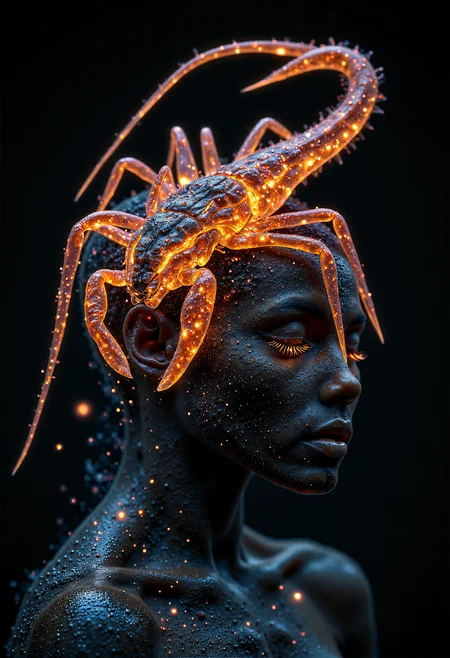 ( scorpion like:1.4) alien creature with (translucent skin:2), making its internal organs visible. sits on the shaved head of a young black woman. orange glowing veins, with a menacing and eerie presence, hyperdetailed photography, masterpiece, best quality, high quality, highres, ultra-detailed, best quality, 8K, high resolution, extreme detail, outstanding composition:1.4, professional photo 85mm lens for elegant body lines and fine skin detail with sharp subject,  <lora:aidmaGLOW-FLUX-V0.1.safetensors:1.0>,  <lora:The Weirdies [Flux]_R.safetensors:1.0>,