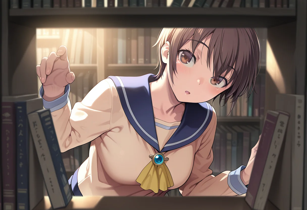 masterpiece, best quality,highres,1girl,nakashima_naomi,very short hair,brown hair,brown eyes,sailor collar,long sleeves,beige shirt,ascot,brooch,(leaning to the side:1.2),reaching book,looking at viewer,:o,blush,<lora:nakashima_naomi:0.85>,through the shelf,bookshek,bookshelf,across the book shelf,depth of field,backlighting,<lora:through_the_bookshelf-000009:1>,blurry foreground,(collagen:0.8),(mdf an:0.6),(ikuchan_kaoru:0.8)