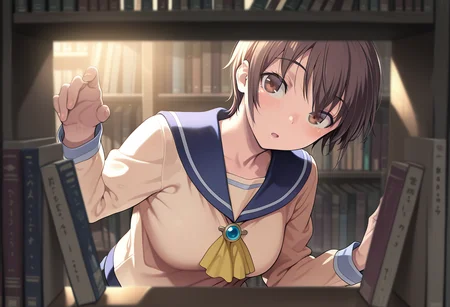 masterpiece, best quality,highres,1girl,nakashima_naomi,very short hair,brown hair,brown eyes,sailor collar,long sleeves,beige shirt,ascot,brooch,(leaning to the side:1.2),reaching book,looking at viewer,:o,blush,<lora:nakashima_naomi:0.85>,through the shelf,bookshek,bookshelf,across the book shelf,depth of field,backlighting,<lora:through_the_bookshelf-000009:1>,blurry foreground,(collagen:0.8),(mdf an:0.6),(ikuchan_kaoru:0.8)