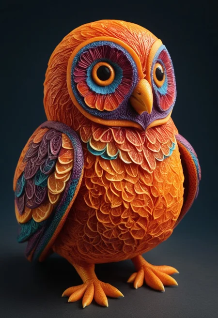 a cute chibby chicken mixed with a owl with big rainbow eyes made out of oranges and clay, it wears a cool rainbow bandana, very detailed, 4k, sharp, eating rainbow worms, blood orange style